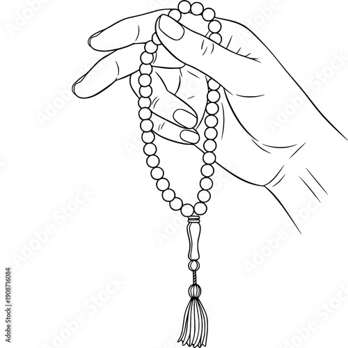 Line Art Illustration of a Hand Holding Prayer Beads, a Symbol of Spirituality, Meditation, and Devotion for Religious Practice