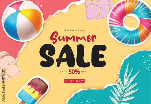 Summer sale text vector design, Summer Sale papercut abstract background template, Summer seasonal collection, Banner with collage element, Vector illustration.

