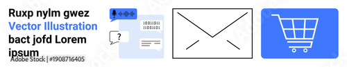 Digital technology, online services, messaging apps, e-commerce, email communication, user interactions. Speech bubble and text, envelope shopping cart. Messaging apps and e-commerce concept