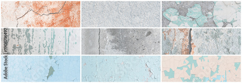 Set of panoramic background textures. Collection of wide textures with peeling paint, cracks, rust, stone and concrete walls. Faded rough surfaces of old walls. Bundle of light backgrounds for design.