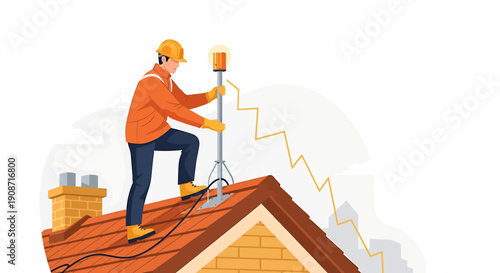 Construction worker installing antenna on rooftop for communication signal.