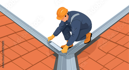 Construction worker installing gutter on a tiled roof.