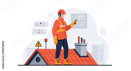 Construction worker inspecting rooftop safety equipment and chimney.