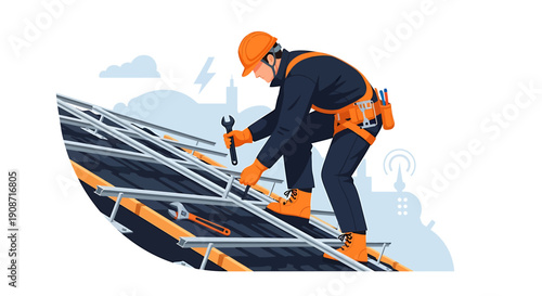 Construction worker installing metal roof structure on building exterior.