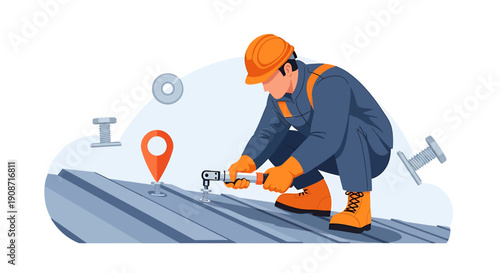 Construction worker installing metal roof panels on building.