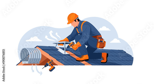 Construction worker installing roof shingles with tools and materials.