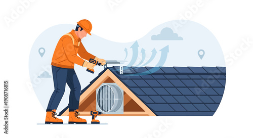Construction worker installing roof ventilation system on house attic.