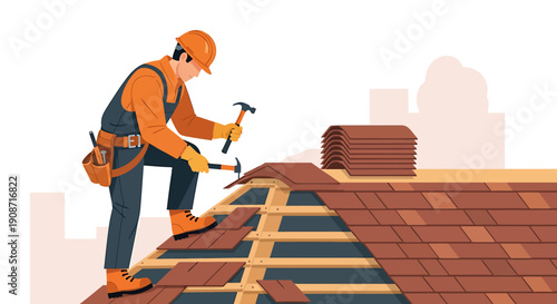 Construction worker installing shingles on a house roof.