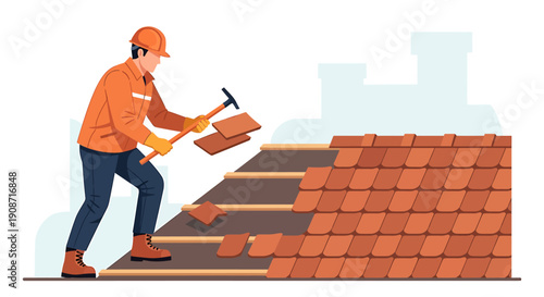 Construction worker installing terracotta roof tiles on a building.