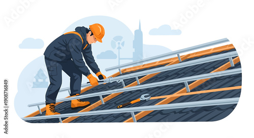 Construction worker installing solar panels on a rooftop.