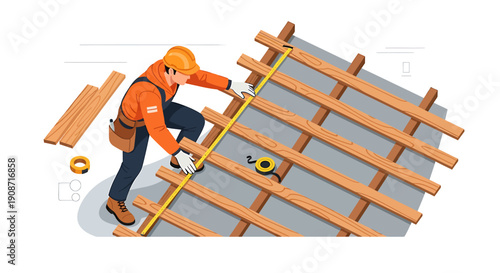 Construction worker measuring roof beams for building project.