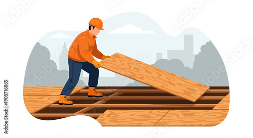 Construction worker installing wooden planks on a building site.