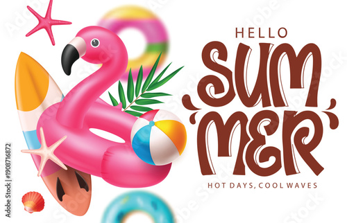 Hello summer hot days, cool waves greeting text. Hello summer text with summer elements. Vector illustration.

