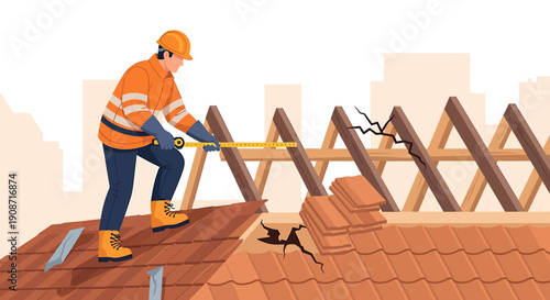 Construction worker measuring roof structure for repairs.