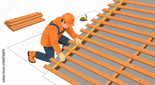 Construction worker measuring roof beams for building project.