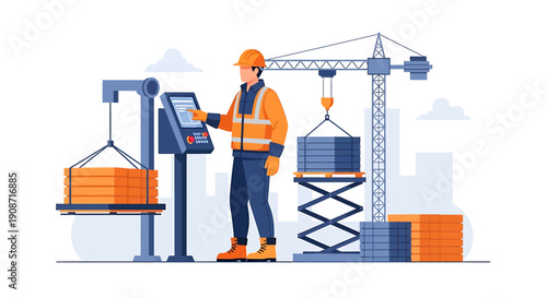 Construction worker operating machinery at industrial site.