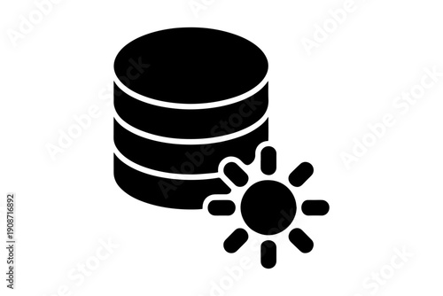 Digital sun next to server data database icon,symbol of data storage and processing 