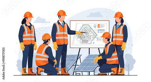 Construction workers collaborating on a blueprint presentation.