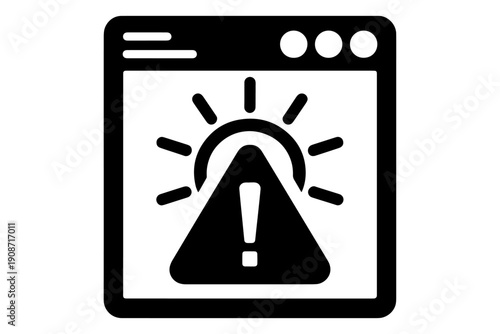 web browser with exclamation mark and radiant sun symbol, signaling caution and alert for warning