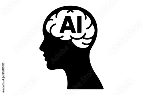 Iconic AI symbol integrated into silhouette of human head, symbolizing technological singularity and intelligence 