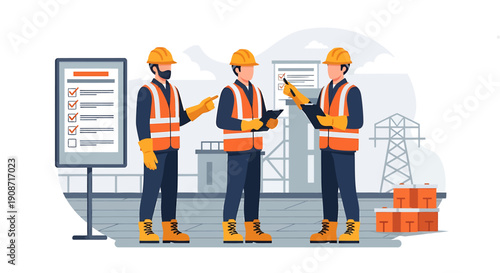 Construction workers discussing project plans on site.