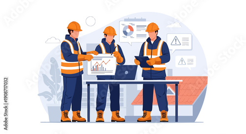 Construction workers discussing project plans and charts.