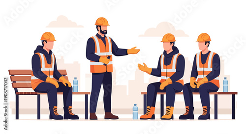 Construction workers in safety vests and hard hats taking a break.