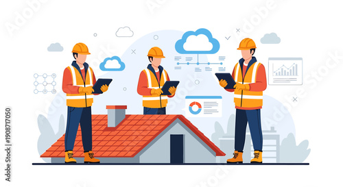 Construction workers inspecting a building project with digital tablets.