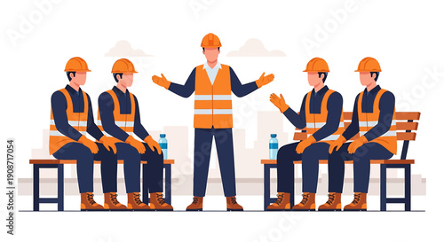 Construction workers in hard hats and safety vests discussing plans during a break.