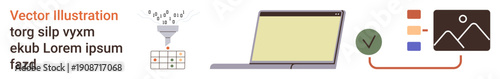 Data processing, digital workflows, content management, validation, organization tools, productivity solutions. Funnel filtering data, laptop and validation checkmark. Data processing and digital