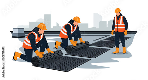 Construction workers installing roofing material on a building rooftop.