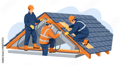 Construction workers installing roof shingles on a house under construction.