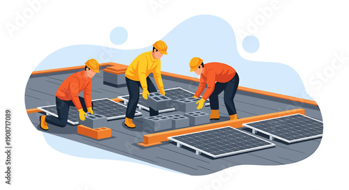 Construction workers installing solar panels on a rooftop.