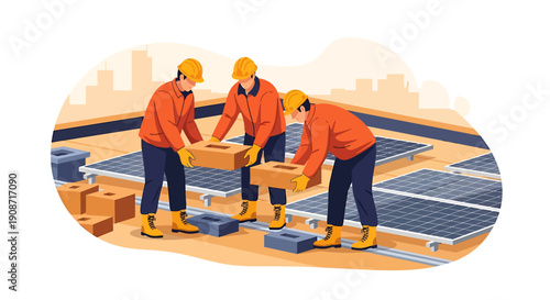 Construction workers installing solar panels on a rooftop.