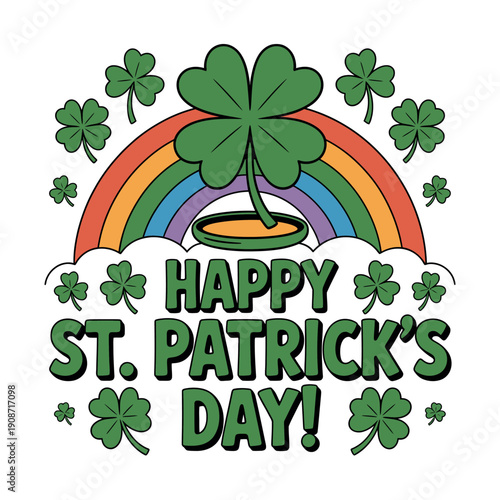 A colorful St. Patrick's Day graphic with rainbow and shamrocks