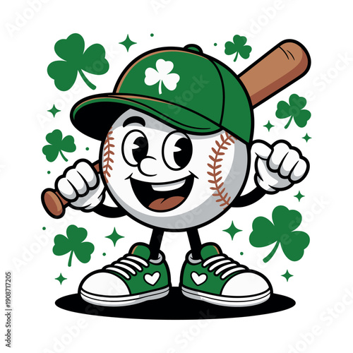 A cartoon baseball character wearing a green hat and shoes with shamrocks for St. Patrick's Day