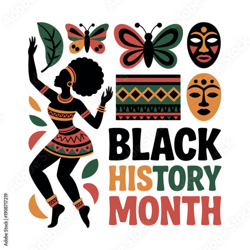 A vibrant illustration celebrating Black History Month with a dancing woman and colorful graphics