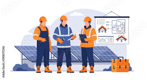 Solar panel engineers discussing project plans near solar farm.