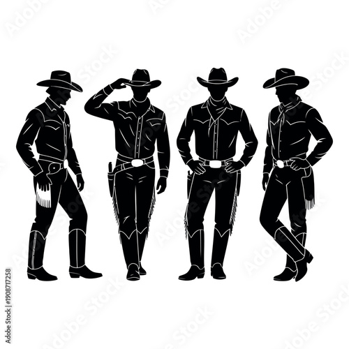 Four cowboys standing in a row in black silhouette