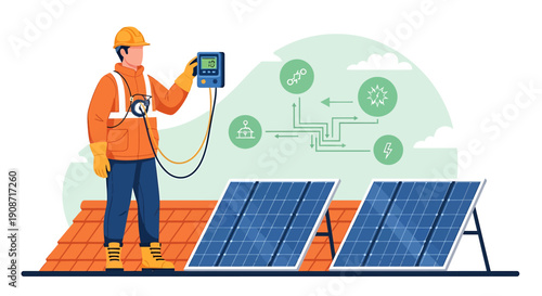 Solar panel technician installing equipment on rooftop with digital display.