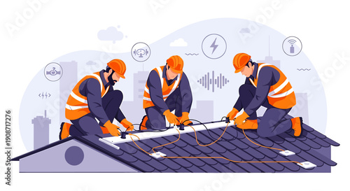 Solar panel installation workers on a rooftop.