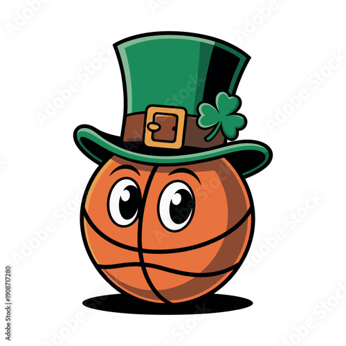 A cartoon basketball wearing a green St. Patrick's hat