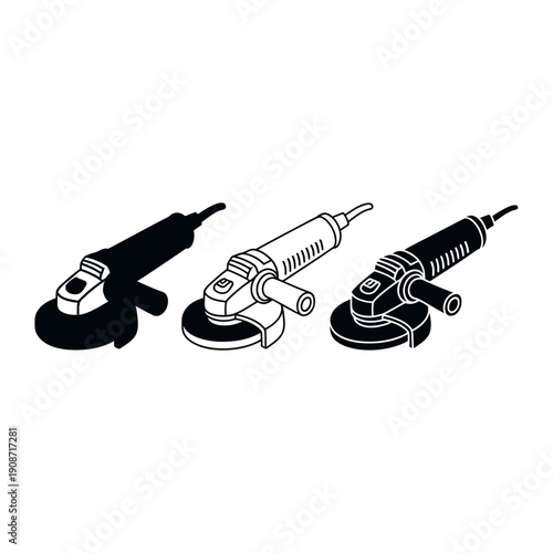 Three different angle grinders on a white background