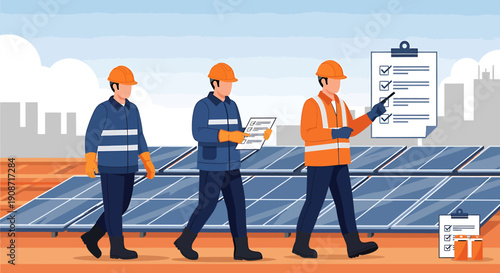 Solar panel technicians inspecting renewable energy installation site.