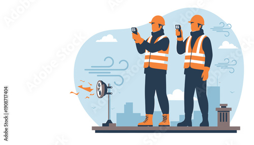 Two construction workers in safety vests and hard hats using smartphones.