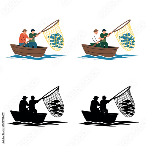 Two men in a boat catching fish with net