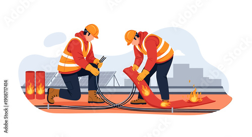 Two construction workers installing electrical cables on a site.