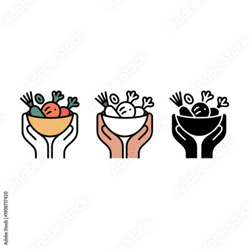 Hands holding bowls of fresh vegetables and fruits