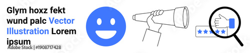 Customer feedback, user reviews, online reputation, vision, exploration, positivity. A blue happy face, a hand using a telescope, and magnified stars show user satisfaction and exploration concepts