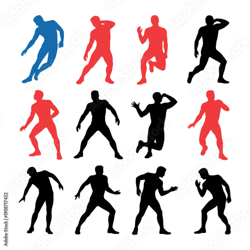 A group of colorful silhouettes of men dancing energetically in various poses
